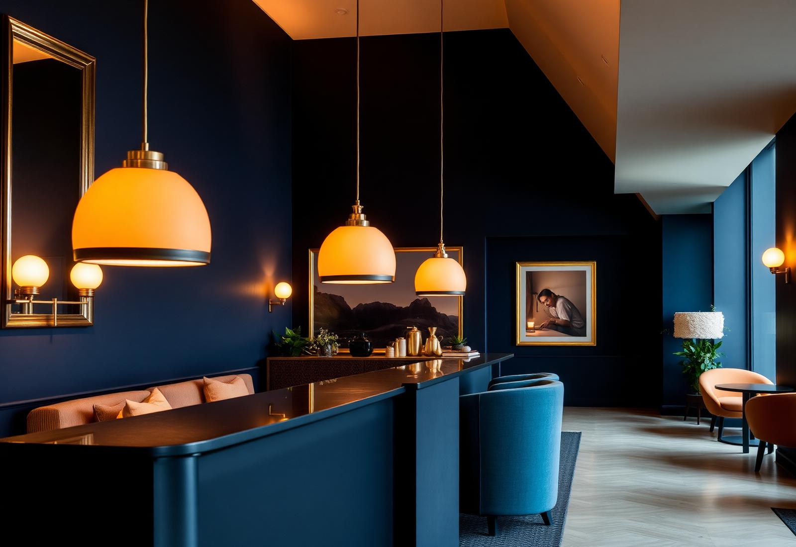 Boutique hotel lobby at dusk